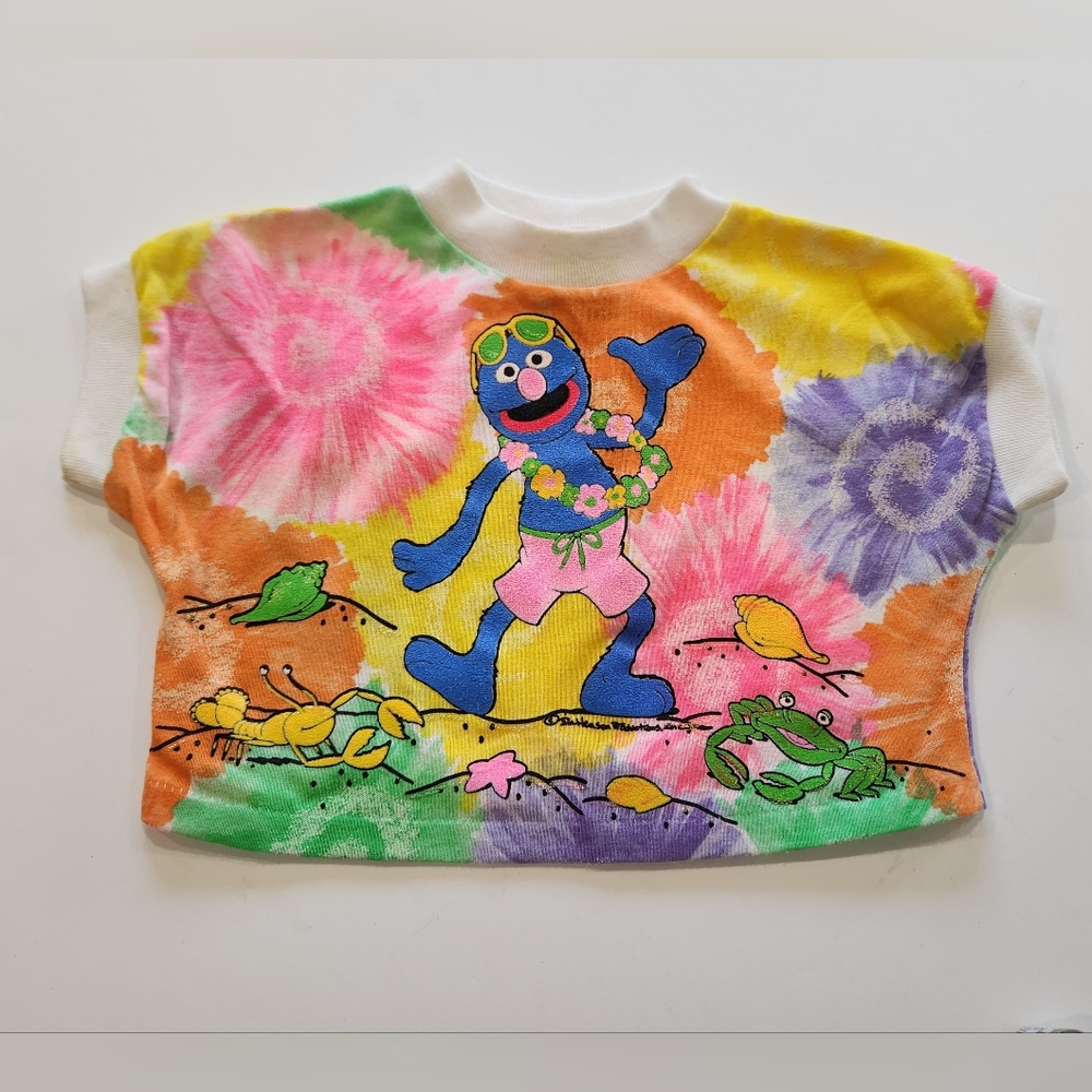 Vintage 1990s Sesame Street Grover T-shirt Kids 2T Tie Dye Summer Lei Beach